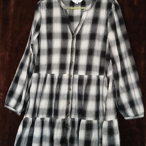 Time and Tru Black White Tiered Plaid Shirtdress Puff Sleeves - Picture 1 of 4